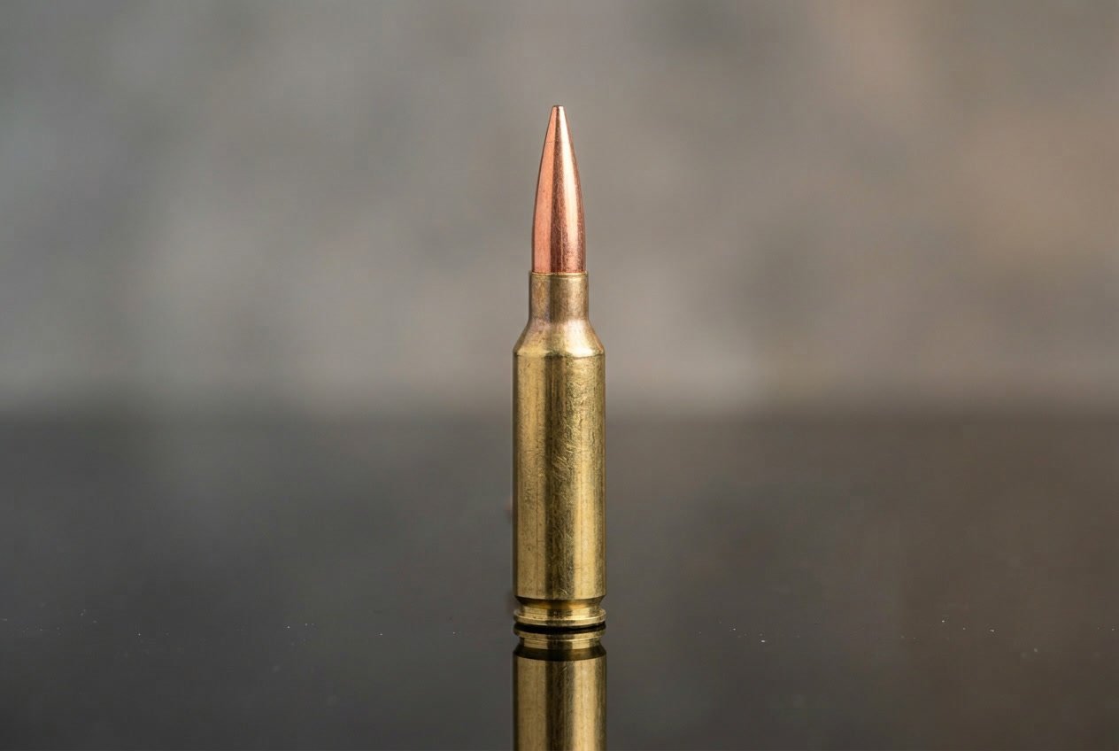 A single 25 Creedmoor rifle cartridge standing upright on a reflective surface.