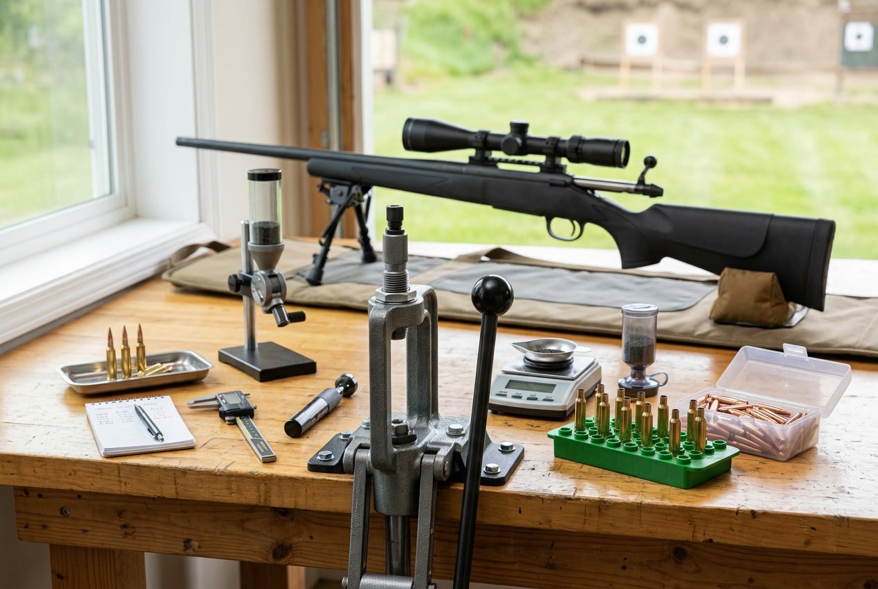 A rifle chambered in 25 Creedmoor on a wooden bench surrounded by reloading equipment including powder measure, brass casings, bullets, and calipers.