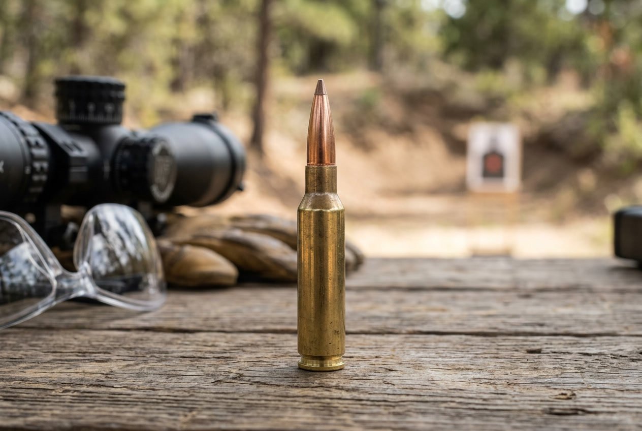 Close-up view of a 25 Creedmoor rifle cartridge on a wooden surface with shooting equipment blurred in the background.