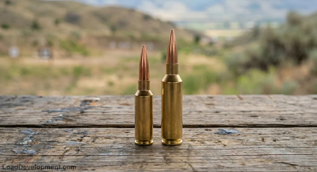 a 6mm dasher cartridge next to a 7mm saum cartridge