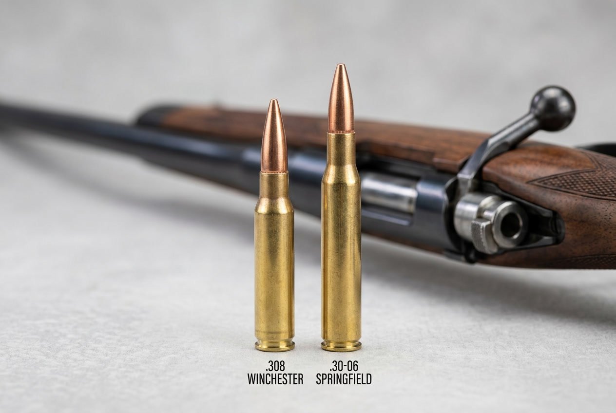 Two rifle cartridges placed side by side next to a hunting rifle, showing their size and shape comparison.