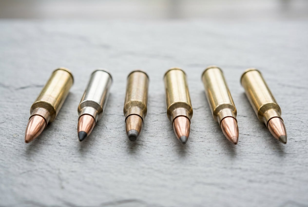 Close-up view of several 7mm rifle cartridges arranged side by side for comparison.