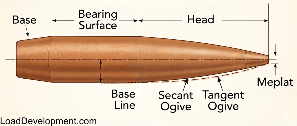 Anatomy of a rifle bullet, showing the bearing surface, bade and head.