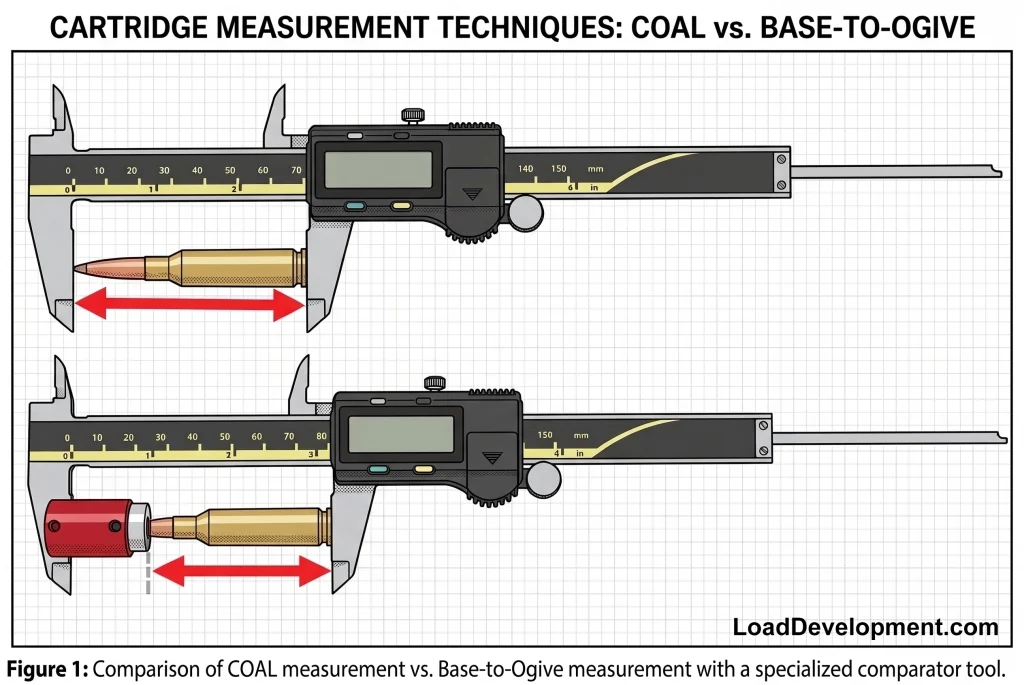 Vernier calipers measuring a cartridge overall length at the top and the base to ogive with a comparator added at the bottom.