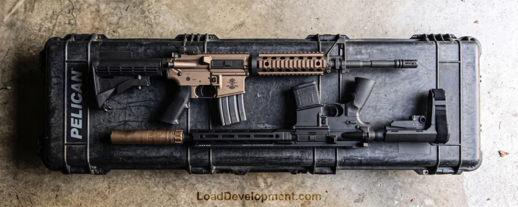 A 300 BLK AR-15 and a 5.56 AR-15 side by side on a pelican rifle case comparing the two cartridge platforms.