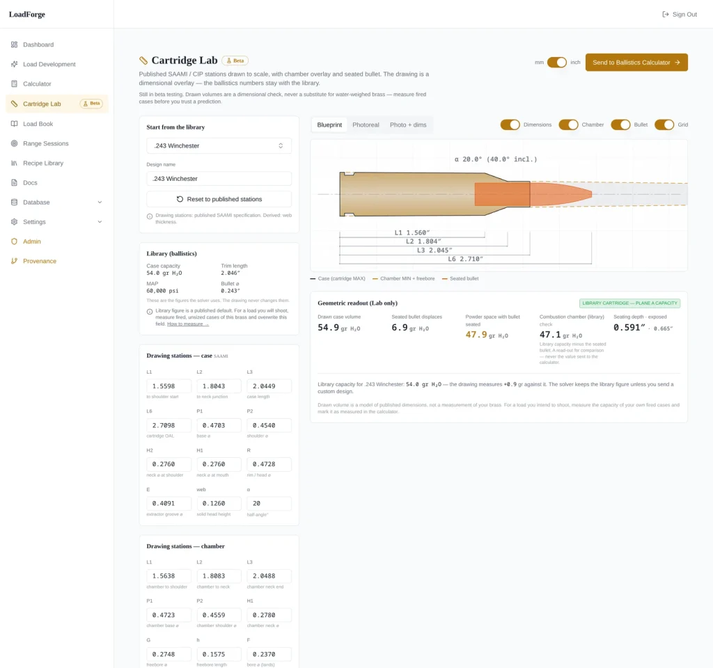 LoadForge internal ballistics calculator after a Cartridge Lab handoff: 243 Improved 30 degree with 57.24 gr H2O capacity tagged Drawn, a geometric-estimate warning and the Berger 105 gr bullet carried over
