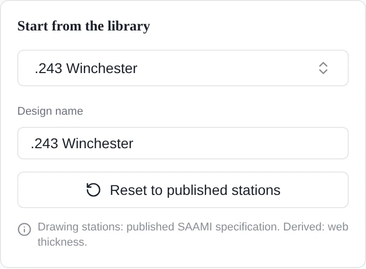 Cartridge Lab start panel confirming the .243 Winchester drawing stations come from the published SAAMI specification, with a reset to published stations button